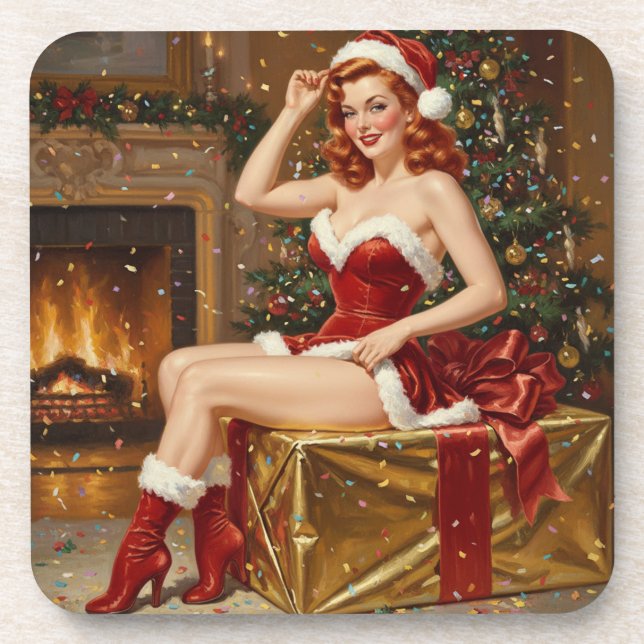 Vintage Santa Pin-up Art Beverage Coaster (Front)