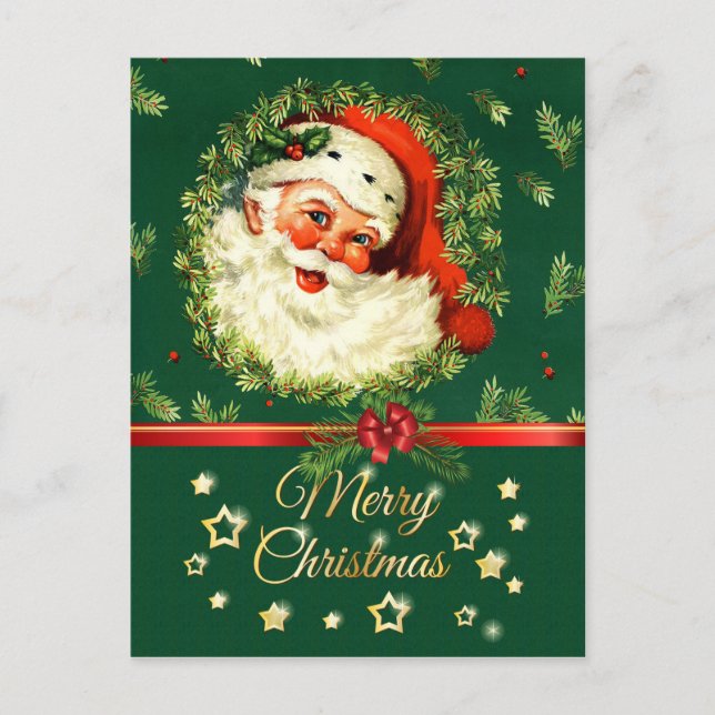 Vintage Santa, pine wreath, holly Christmas Holiday Postcard (Front)