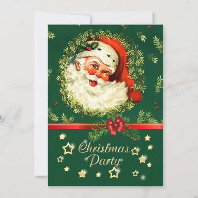 Vintage Santa, pine wreath, holly Christmas Invitation (Front)