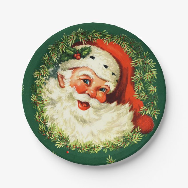 Vintage Santa, pine wreath, holly Christmas Paper Plates (Front)