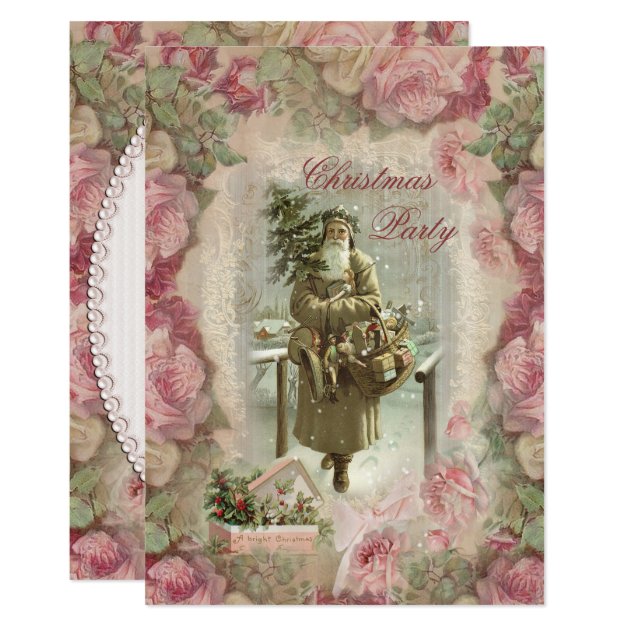 Vintage Santa, Pink Roses Collage Christmas Party Invitation