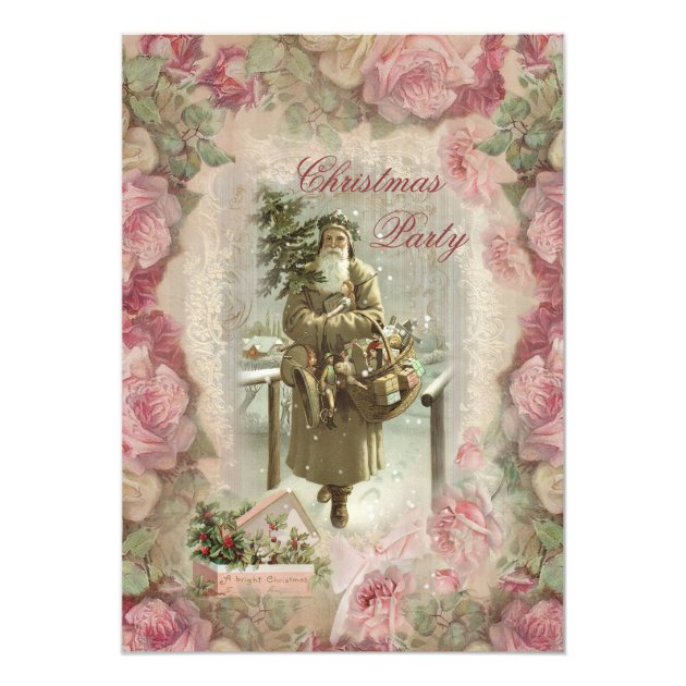 Vintage Santa, Pink Roses Collage Christmas Party Invitation