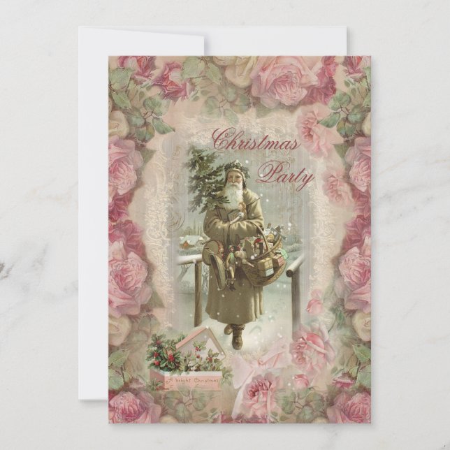 Vintage Santa, Pink Roses Collage Christmas Party Invitation (Front)