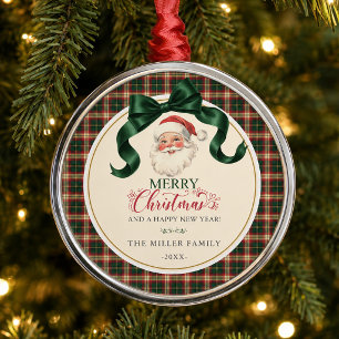 Vintage Santa Plaid Merry Christmas  Preppy Metal Ornament