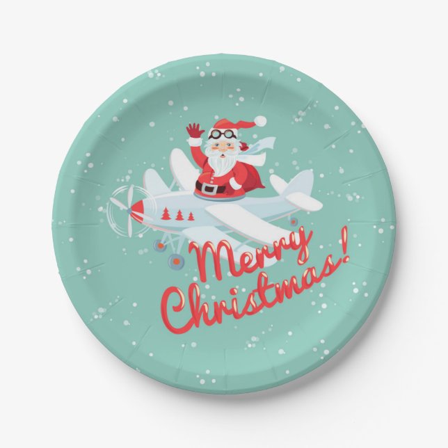 Vintage Santa, plane Merry Christmas Paper Plates (Front)