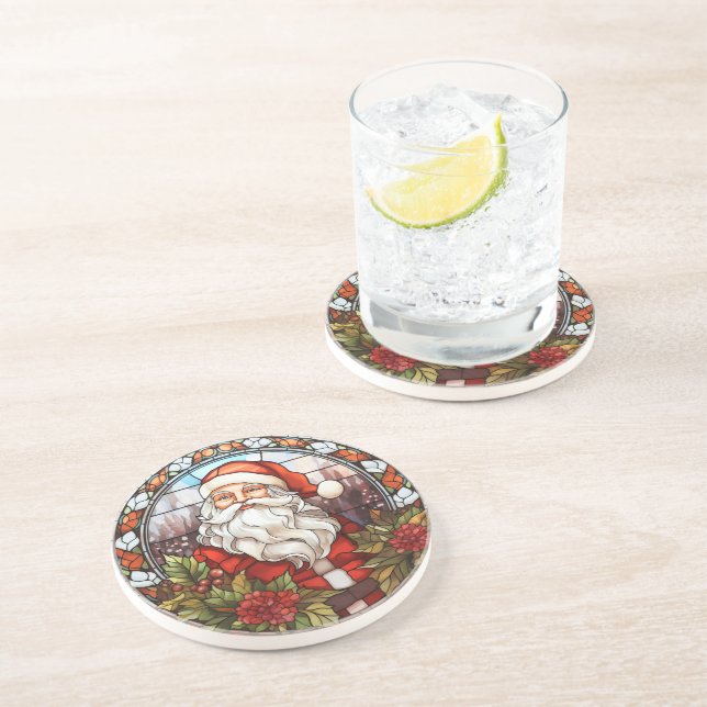 Vintage Santa Poinsettia Stained Glass Holiday Coaster (Side)
