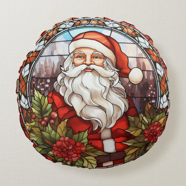 Vintage Santa Poinsettia Stained Glass Holiday Round Pillow (Front)