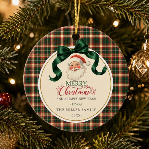 Vintage Santa Preppy Plaid Merry Christmas Ceramic Ornament