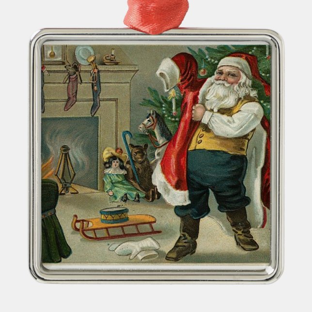 Vintage Santa Putting On His Suit Metal Ornament (Front)