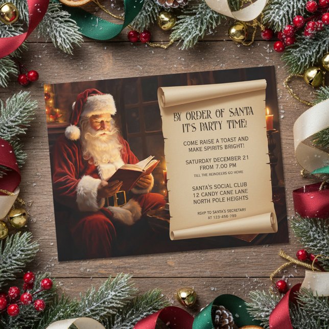 Vintage Santa Reading a Book Christmas Party Invitation (Creator Uploaded)