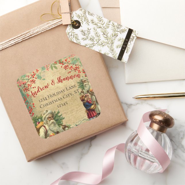 Vintage Santa Red Berry Winter Greens Square Sticker (Gifting)