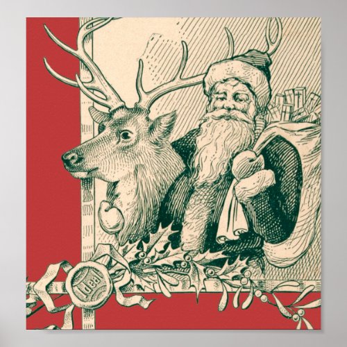 Vintage Santa Reindeer Christmas Saint Nick Poster