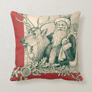 Vintage Santa Reindeer Christmas Saint Nick Throw Pillow