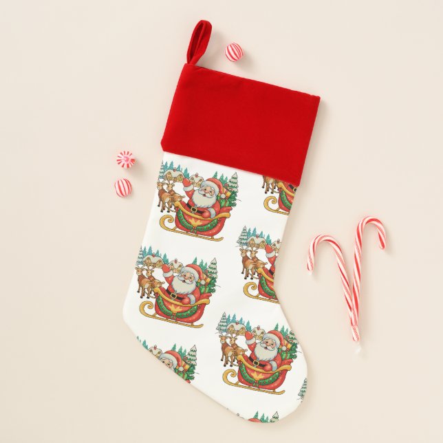 Vintage Santa Reindeer Christmas Xmas Retro Christmas Stocking (Front)