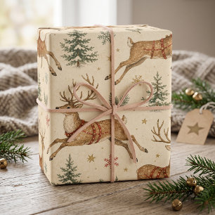 Vintage Santa Reindeer Forest Christmas Sleigh Wrapping Paper Sheets