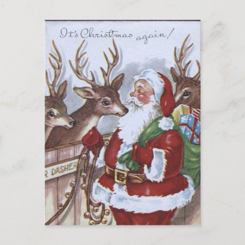 Vintage Santa reindeer Holiday postcard