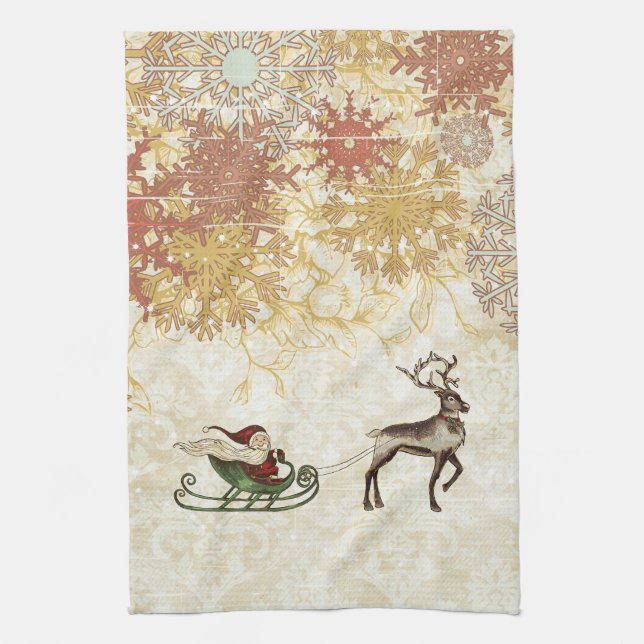 Vintage Santa & Reindeer Kitchen Towel (Vertical)