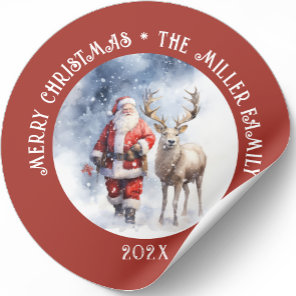 Vintage Santa Reindeer Personalized Classic Round Sticker