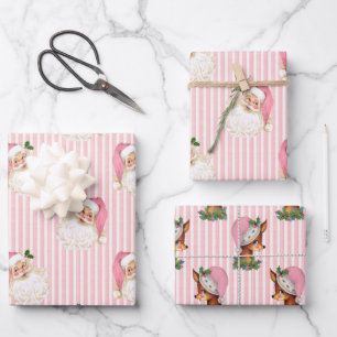 Vintage Santa & Reindeer Pink Stripe Wrapping Pape Paper Sheets