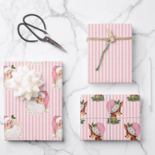 Vintage Santa & Reindeer Pink Stripe Wrapping Paper Sheets