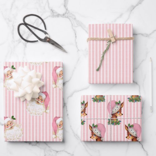 Vintage Santa  Reindeer Pink Stripe Wrapping Paper Sheets