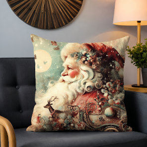 Vintage Santa Reindeer Sleigh Christmas Collage Throw Pillow