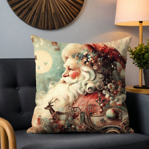 Vintage Santa Reindeer Sleigh Christmas Collage Throw Pillow
