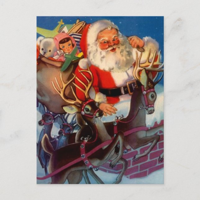 Vintage Santa & reindeer sleigh toys chimney Holiday Postcard (Front)