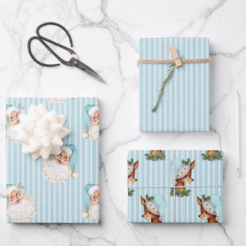Vintage Santa & Reindeer Turquoise Stripe Wrapping Paper Sheets by HydrangeaBlue at Zazzle