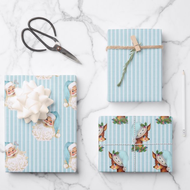Vintage Santa & Reindeer Turquoise Stripe Wrapping Paper Sheets (Front)