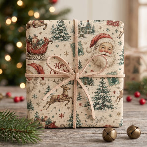 Vintage Santa Retro North Pole Reindeer & Postage  Wrapping Paper Sheets