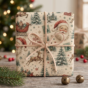 Vintage Santa Retro North Pole Reindeer & Postage Wrapping Paper Sheets