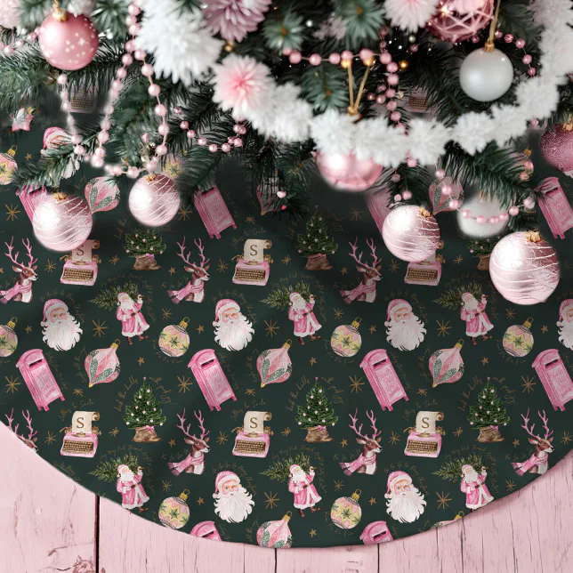 Vintage Santa Retro Pink Christmas Custom Monogram Brushed Polyester Tree Skirt
