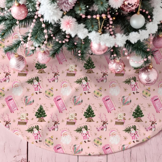 Vintage Santa Retro Pink Christmas Custom Monogram Brushed Polyester Tree Skirt (Vintage Santa Retro Pink Christmas Custom Monogram Brushed Polyester Tree Skirt)
