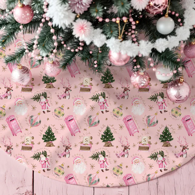 Vintage Santa Retro Pink Christmas Custom Monogram Brushed Polyester Tree Skirt

