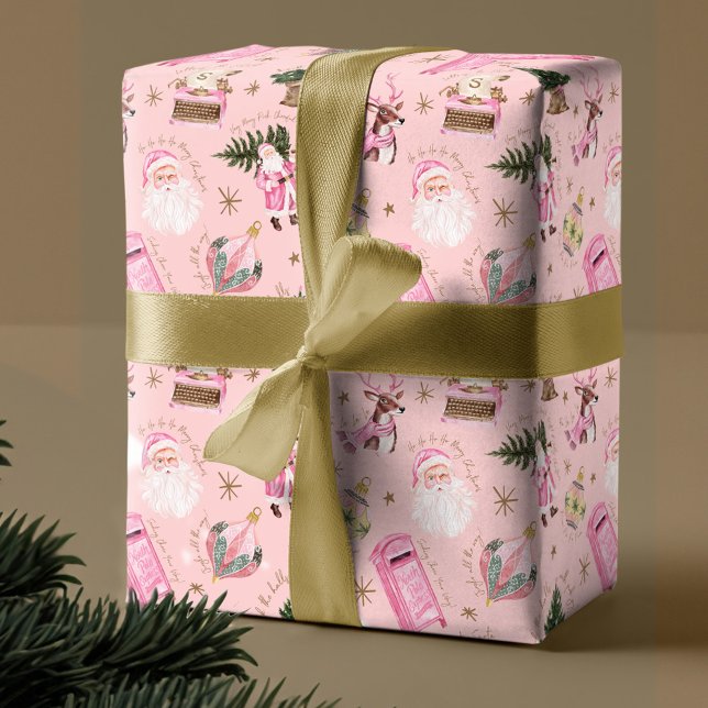 Vintage Santa Retro Pink Christmas Custom Monogram Wrapping Paper (Vintage Santa Retro Pink Christmas Custom Monogram Wrapping Paper)