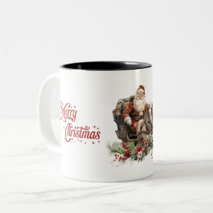 Vintage Santa ride horses and Christmas garland Two-Tone Coffee Mug