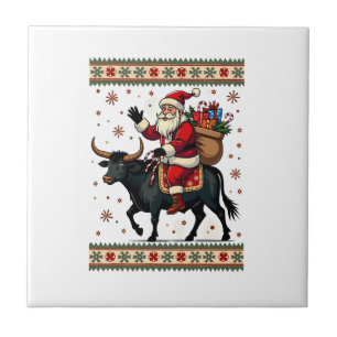 Vintage Santa Riding Highland Cow Christmas Vector Ceramic Tile