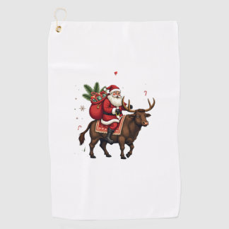 Vintage Santa Riding Highland Cow Christmas Vector Golf Towel