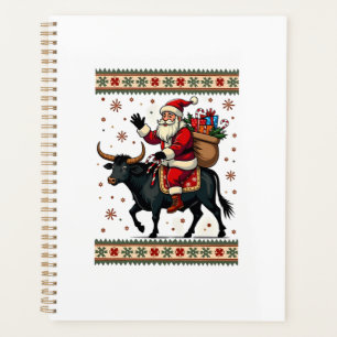 Vintage Santa Riding Highland Cow Christmas Vector Planner