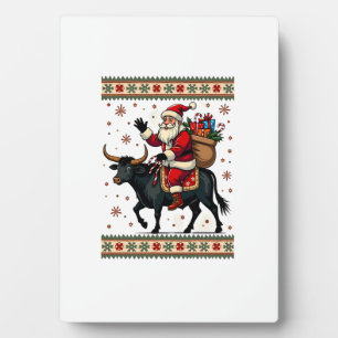 Vintage Santa Riding Highland Cow Christmas Vector Plaque