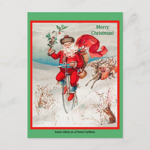 Vintage Santa Riding Penny Farthing Bicycle copy Postcard