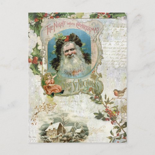 Vintage Santa Rustic Landscape  Music Collage Holiday Postcard