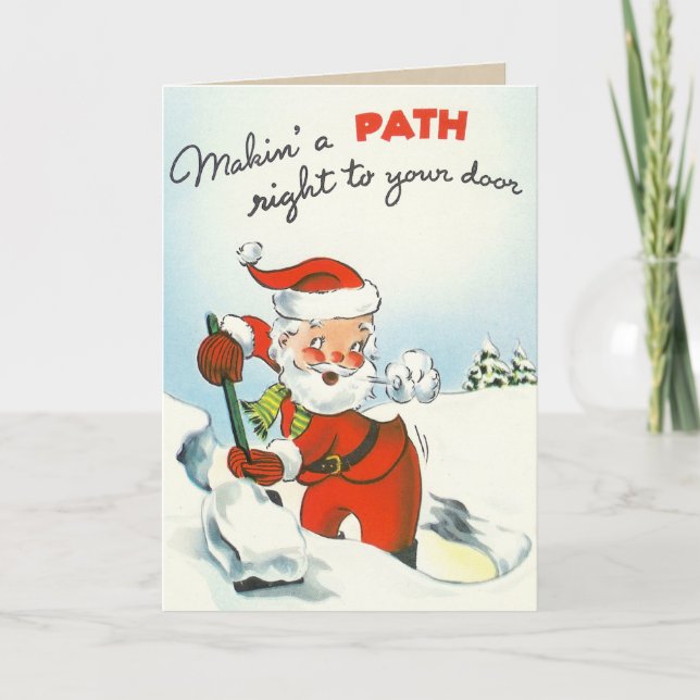Vintage Santa Shoveling Snow Holiday Card (Front)