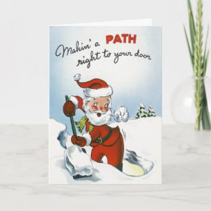 Vintage Santa Shoveling Snow Holiday Card