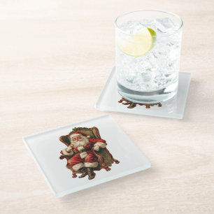 Vintage Santa Sitting in a Comfy Chair Christmas Glass Coaster