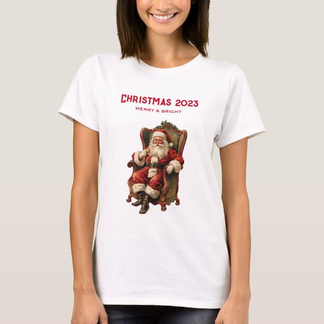 Vintage Santa Sitting in a Comfy Chair Christmas T-Shirt (Front)
