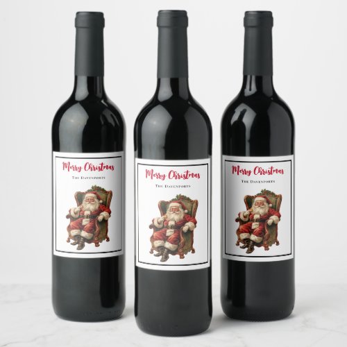 Vintage Santa Sitting in a Comfy Chair Christmas Wine Label
