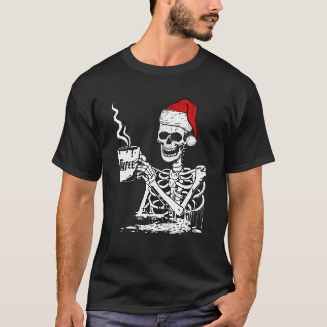 Vintage Santa Skeleton Drinking Coffee Funny T-Shirt (Front)