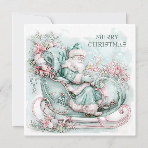 Vintage Santa Sleigh Christmas Blue Teal Pink Holiday Card